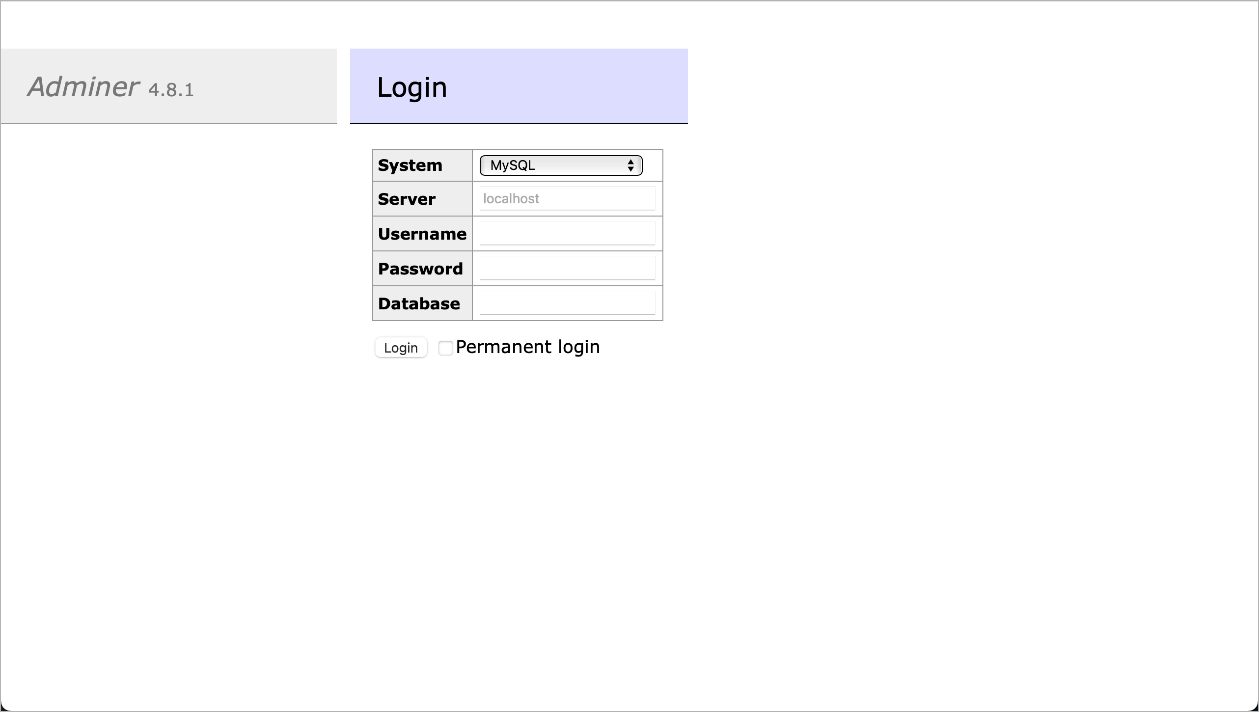 Screenshot of the adminer login page