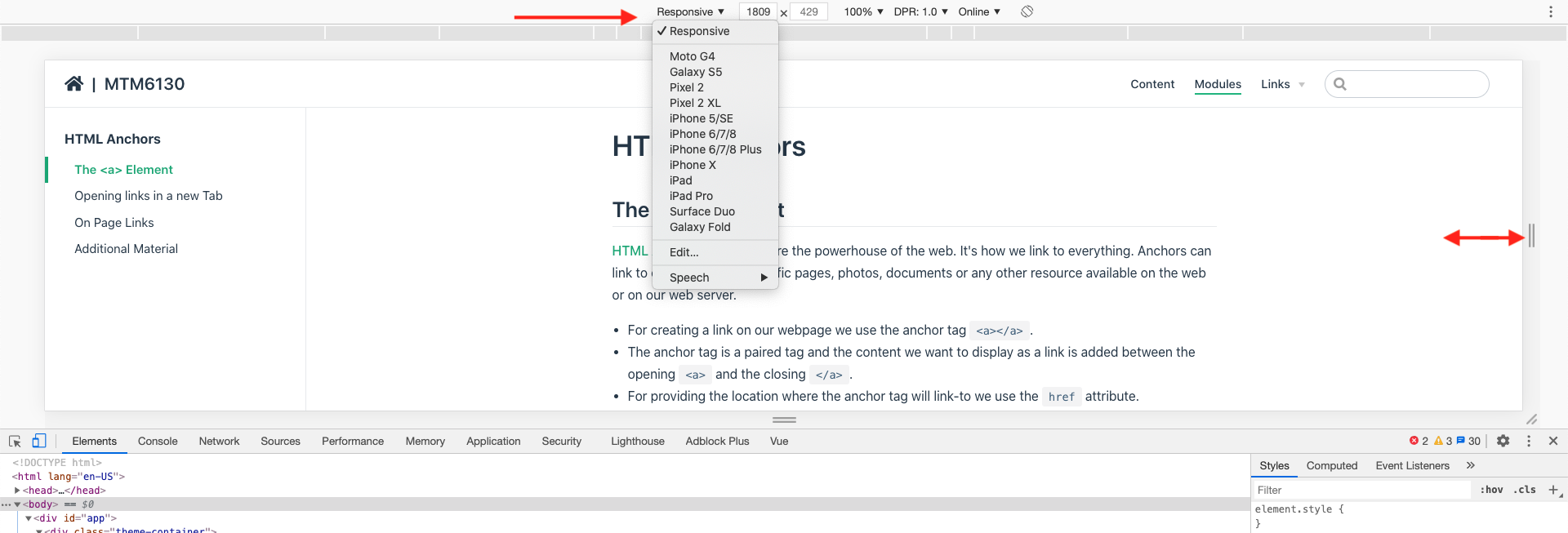 dev tools responsive view