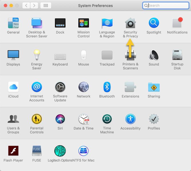 The macOS System Preference with arrow pointing to Security & Privacy