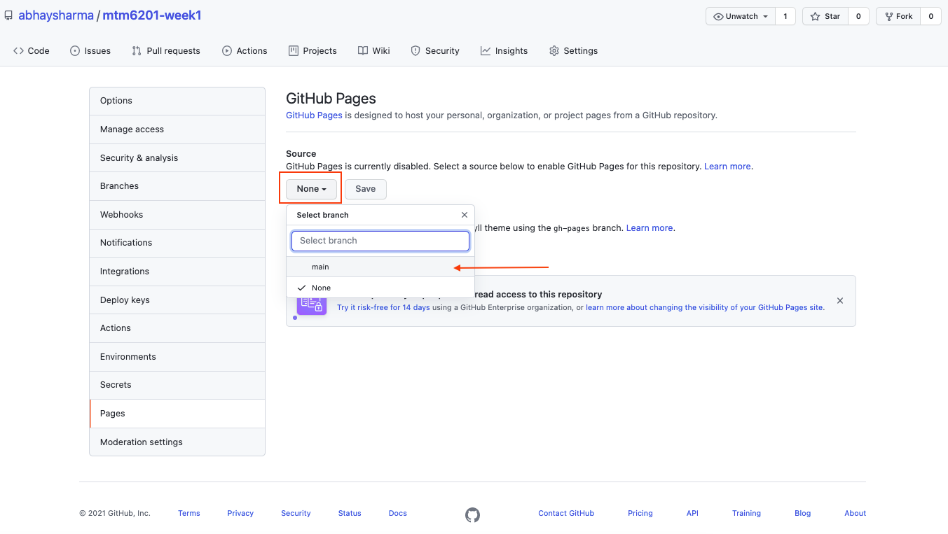 GitHub Pages selecting main branch