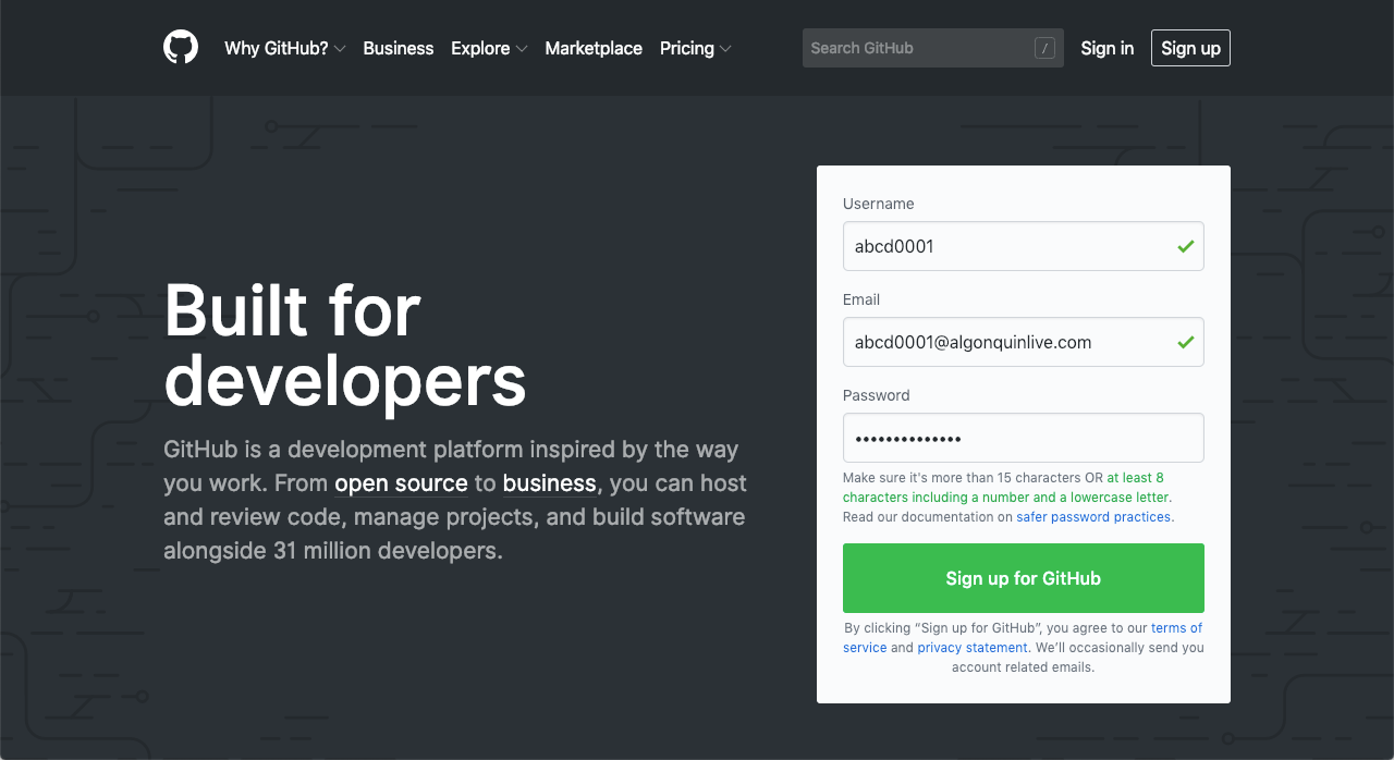 GitHub Signup Screen