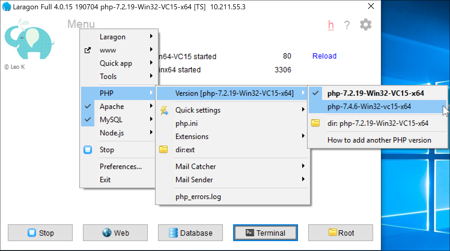 Screenshot showing how to set PHP version in Laragon