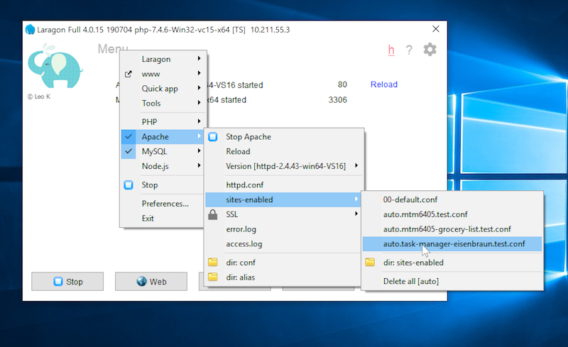 Laragon window - Apache Enabled Sites