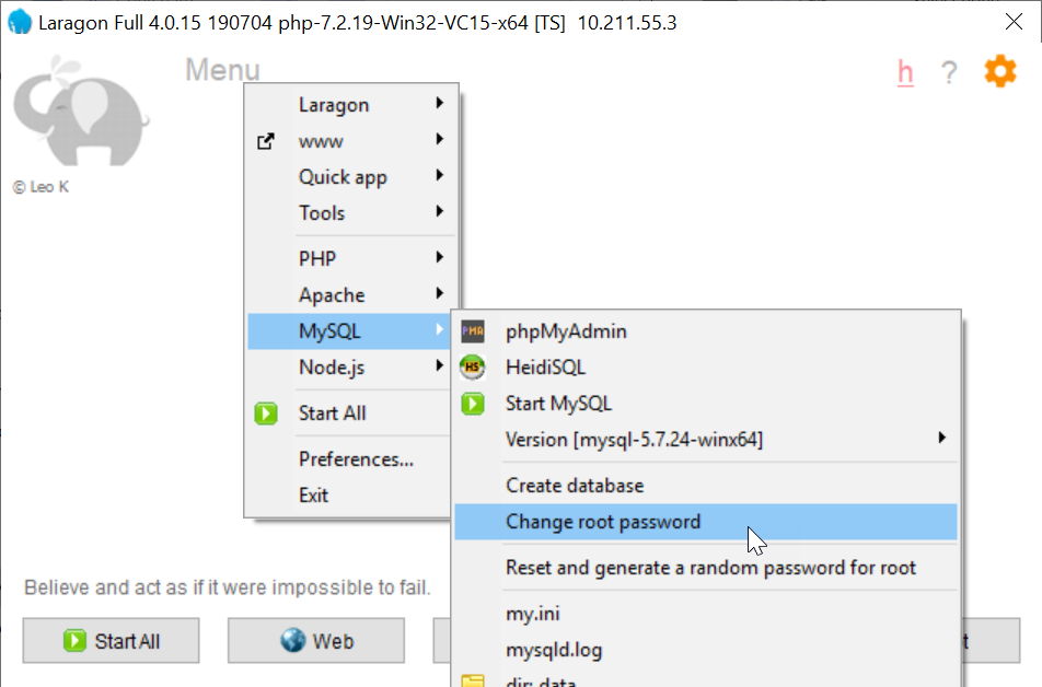 Laragon Application Window > MySQL Change root password