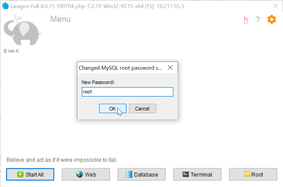 Laragon Application Window > Change root password dialog box