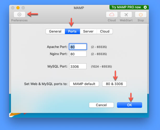 Setting ports in MAMP