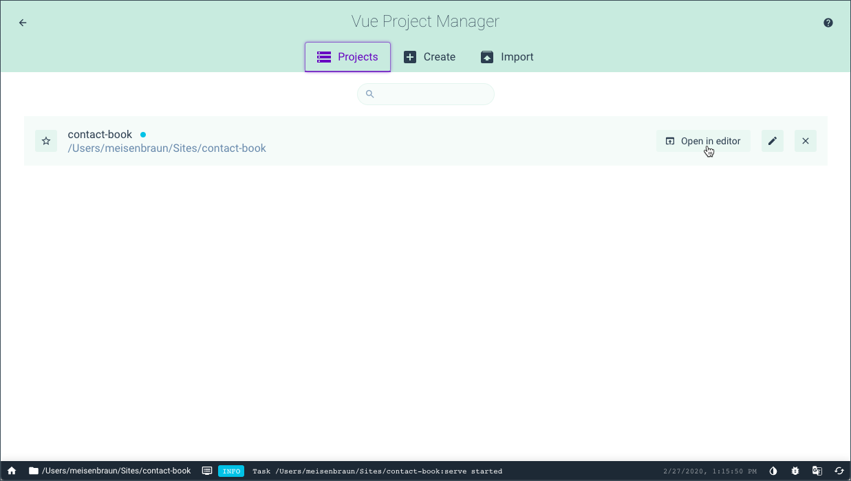 Vue CLI GUI - Vue Project Manager - Open in editor