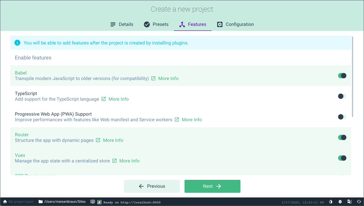 Vue CLI GUI - Create a new project - Features